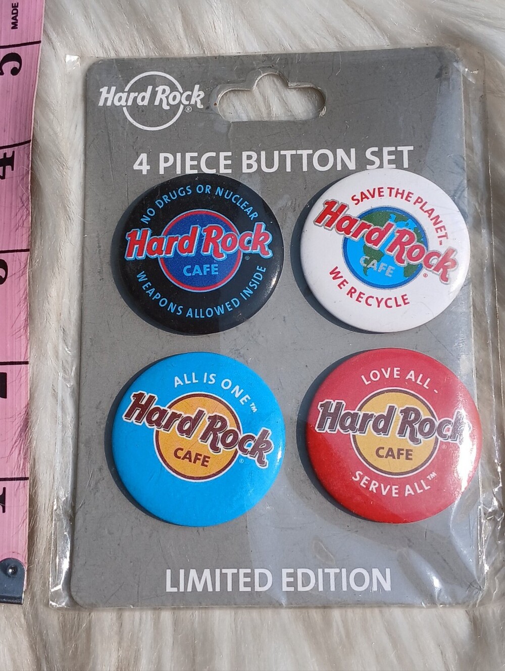 Hard Rock Cafe 4 Piece Button Set Limited Edition Pin Lot Red Blue NEW NWT